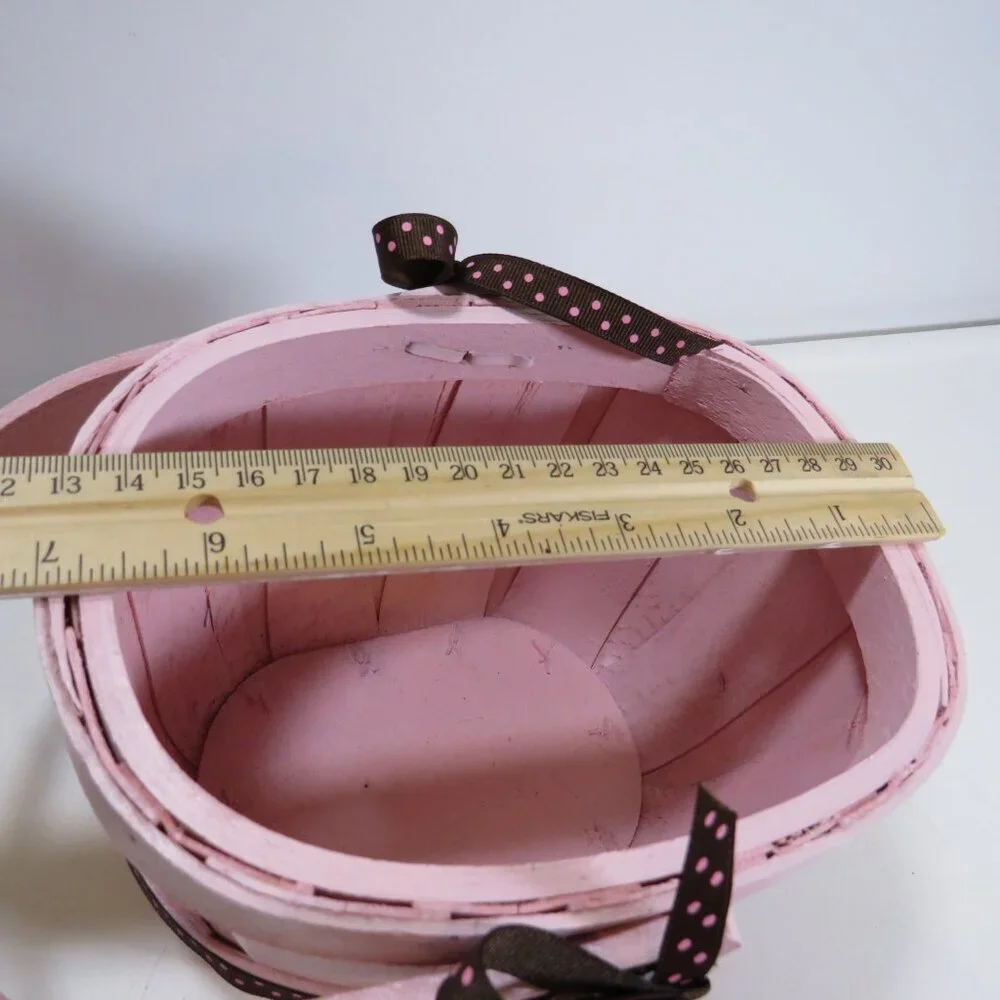all wood basket pink with brown polka dot ribbon Berry Basket Easter Pastel
